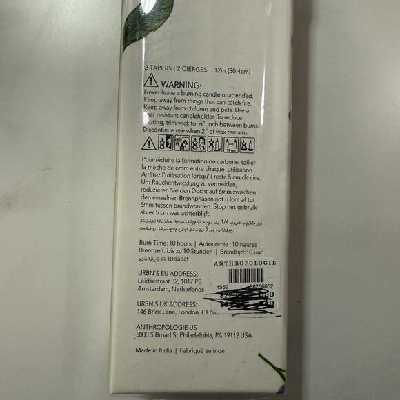 Anthropologie Set/2 Taper Candles Hand Painted Blue White Floral 12” NEW Boxed - Picture 4 of 4